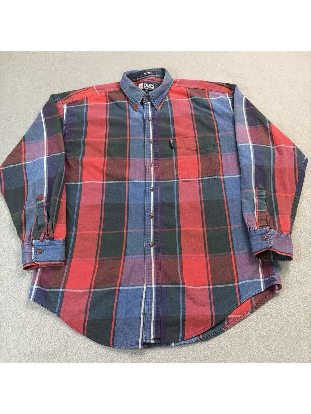 Vintage 90s Chaps Ralph Lauren Plaid Flannel Button Up Shirt Size Large